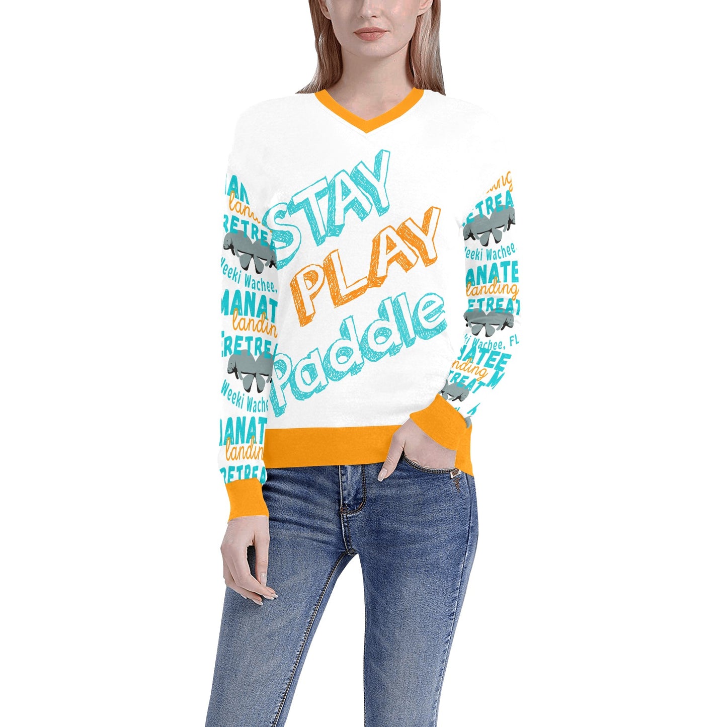 Manatee Landing Retreat Womans V Neck Sweatshirt Women's All Over Print V-Neck Sweater (Model H48)